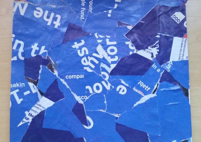 A junk mail collage using the pages from a periodical. Pages are torn into smaller, irregular pieces. There are three colors: white, blue, and dark blue. Much of the white contain letters on the ad, and some portions of the ad's background. Blue occurs the most with 10 or so spots of dark blue, which are spread a peculiar way.